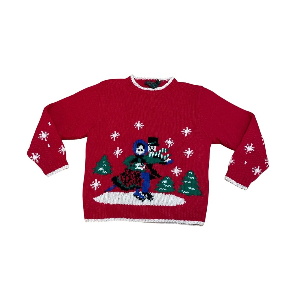 VTG Charter Club Petites Med Red Wool Hand Knitted Ice Skating Christmas Sweater